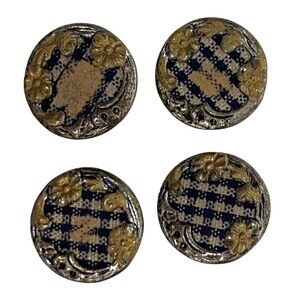Lot of 4 Shank Buttons Plaid Pattern Floral Edge Frame Art Deco Nouveau Vintage